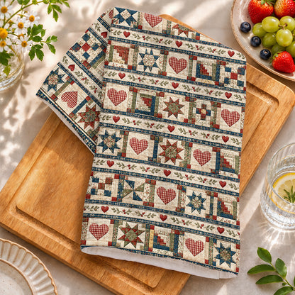 Quilting Kitchen Towel Vintage Quilted Hearts & Stars