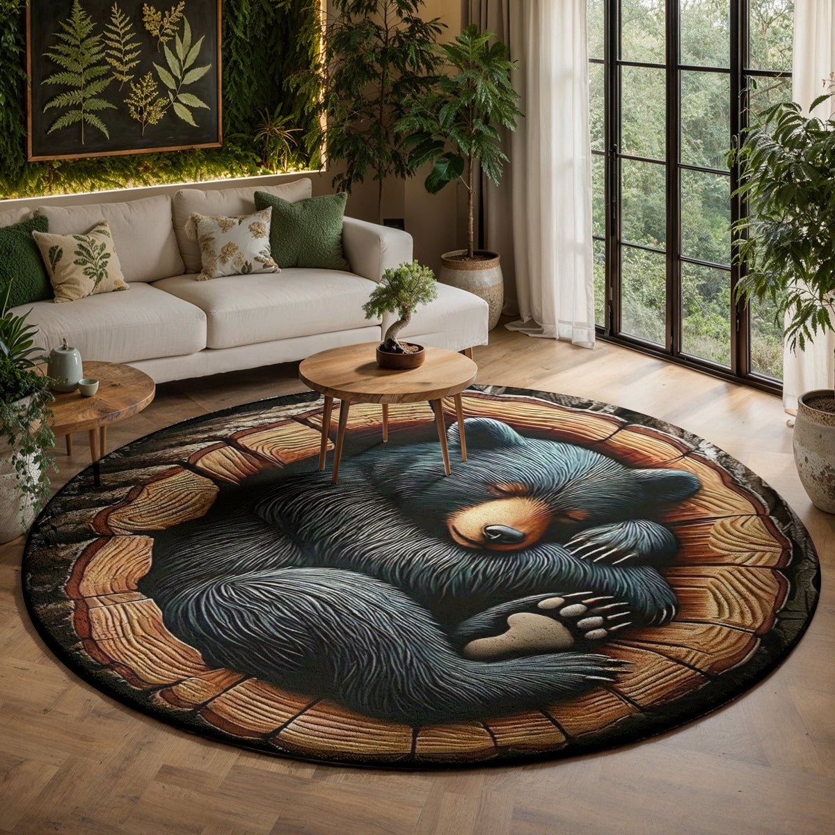 Woodland Animal Art Round Rug Bear Of Gentle Heart 3D Illusion Flat Print