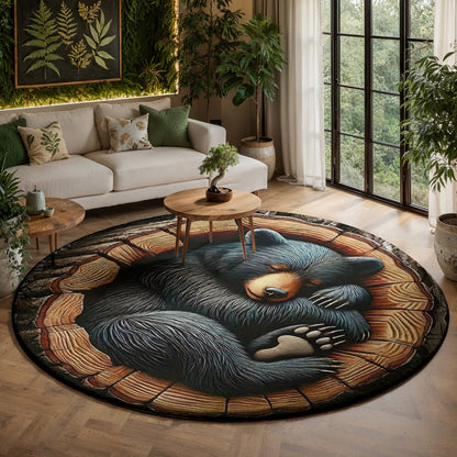 Woodland Animal Art Round Rug Bear Of Gentle Heart 3D Illusion Flat Print