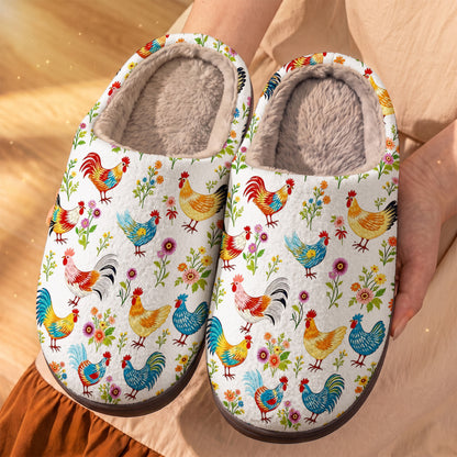 Chicken Lover Fleece Lined Slippers Whimsical Chickens In Wildflower Garden