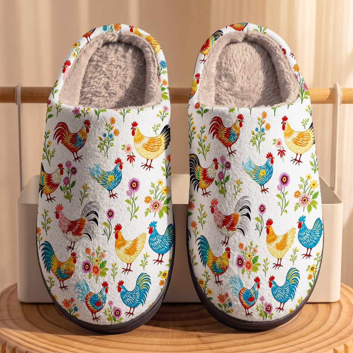 Chicken Lover Fleece Lined Slippers Whimsical Chickens In Wildflower Garden