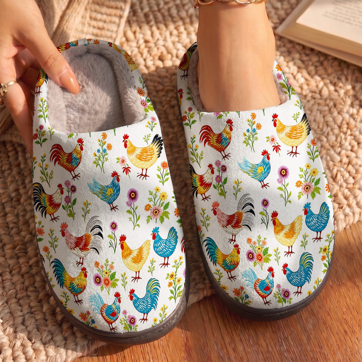 Chicken Lover Fleece Lined Slippers Whimsical Chickens In Wildflower Garden