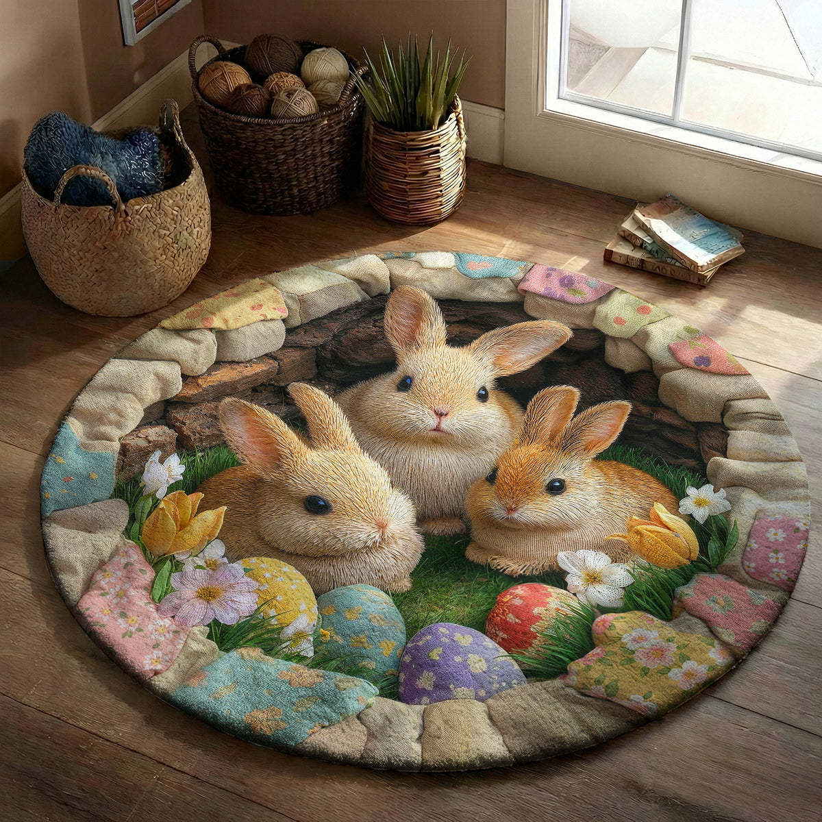 Easter Bunnies Round Rug Deep Pastel Easter Bunnies 3D Illusion Flat Print