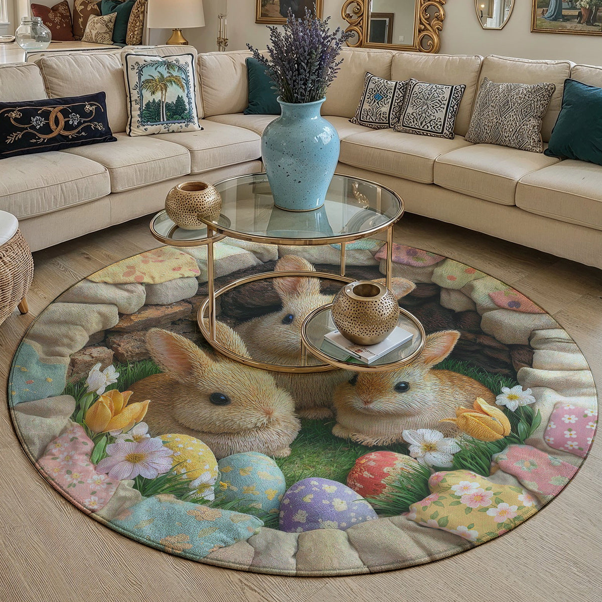 Easter Bunnies Round Rug Deep Pastel Easter Bunnies 3D Illusion Flat Print