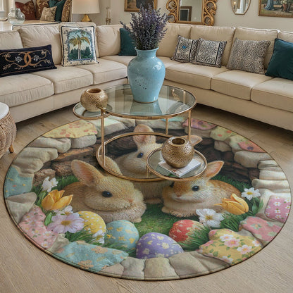 Easter Bunnies Round Rug Deep Pastel Easter Bunnies 3D Illusion Flat Print