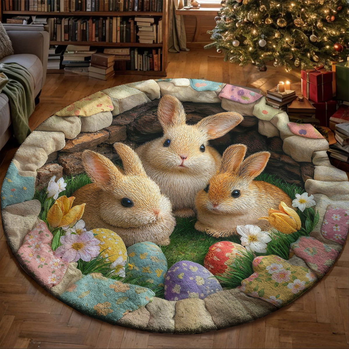 Easter Bunnies Round Rug Deep Pastel Easter Bunnies 3D Illusion Flat Print