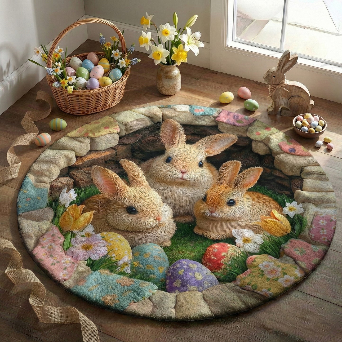 Easter Bunnies Round Rug Deep Pastel Easter Bunnies 3D Illusion Flat Print