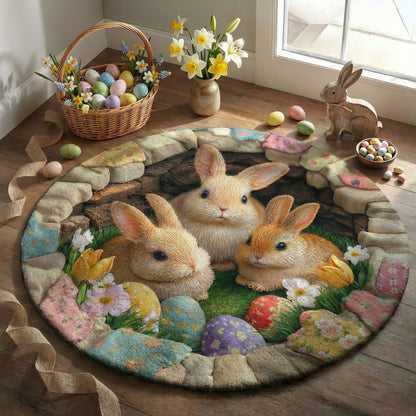 Easter Bunnies Round Rug Deep Pastel Easter Bunnies 3D Illusion Flat Print