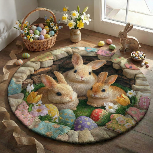 Easter Bunnies Round Rug Deep Pastel Easter Bunnies 3D Illusion Flat Print