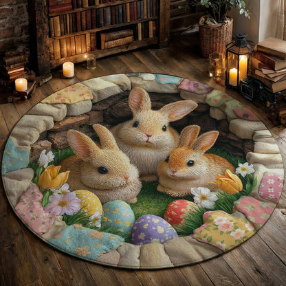 Easter Bunnies Round Rug Deep Pastel Easter Bunnies 3D Illusion Flat Print