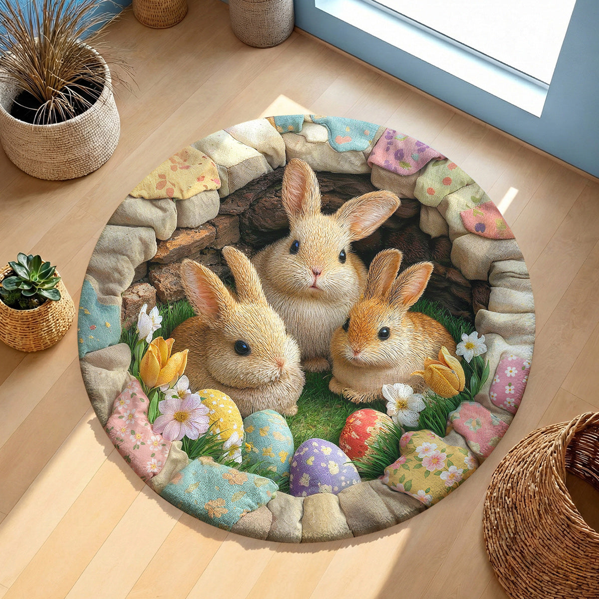 Easter Bunnies Round Rug Deep Pastel Easter Bunnies 3D Illusion Flat Print