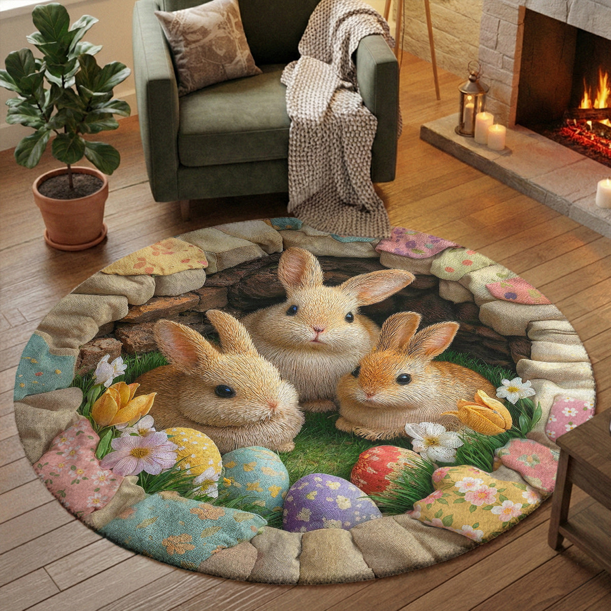 Easter Bunnies Round Rug Deep Pastel Easter Bunnies 3D Illusion Flat Print