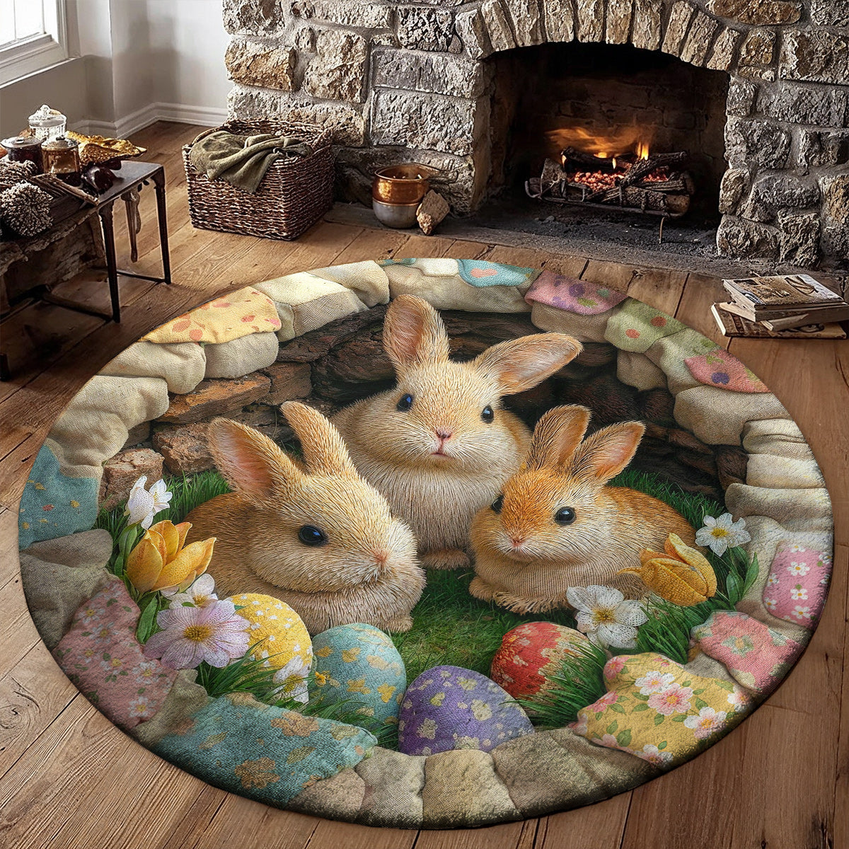 Easter Bunnies Round Rug Deep Pastel Easter Bunnies 3D Illusion Flat Print