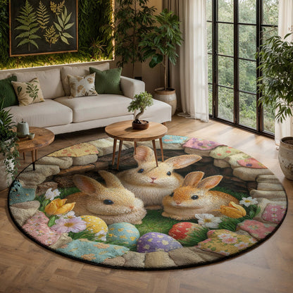 Easter Bunnies Round Rug Deep Pastel Easter Bunnies 3D Illusion Flat Print