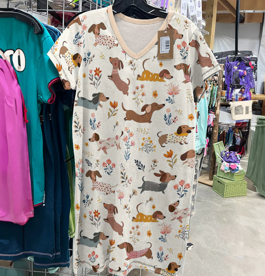 Dachshund V-neck Nightshirt Happy Field Flowers