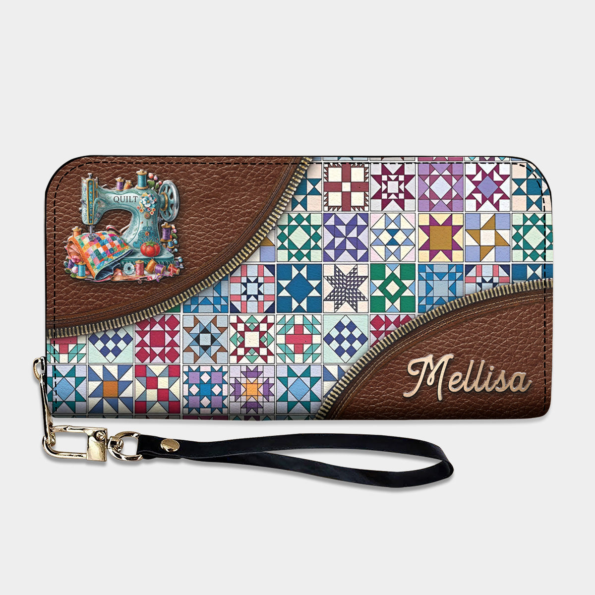 Sewing Lover Leather Wallet Personalized Traditional Quilt Blocks