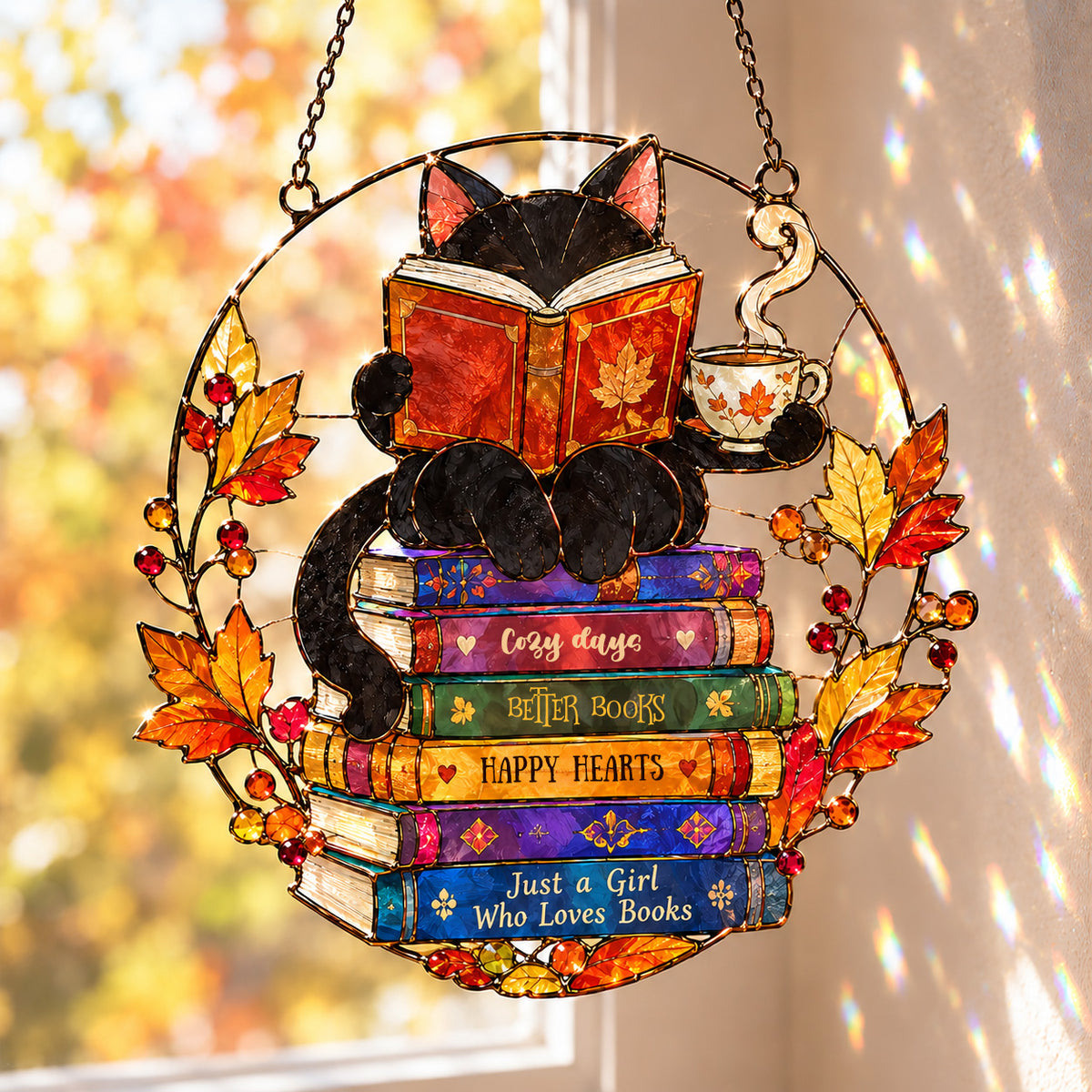 Cozy Autumn Cat 3D Glass Suncatcher