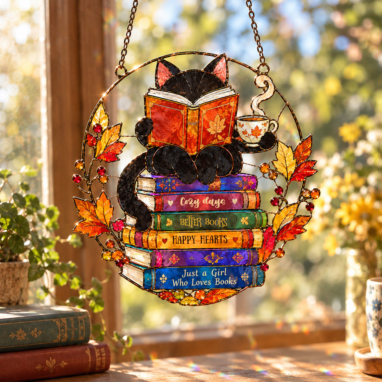 Cozy Autumn Cat 3D Glass Suncatcher