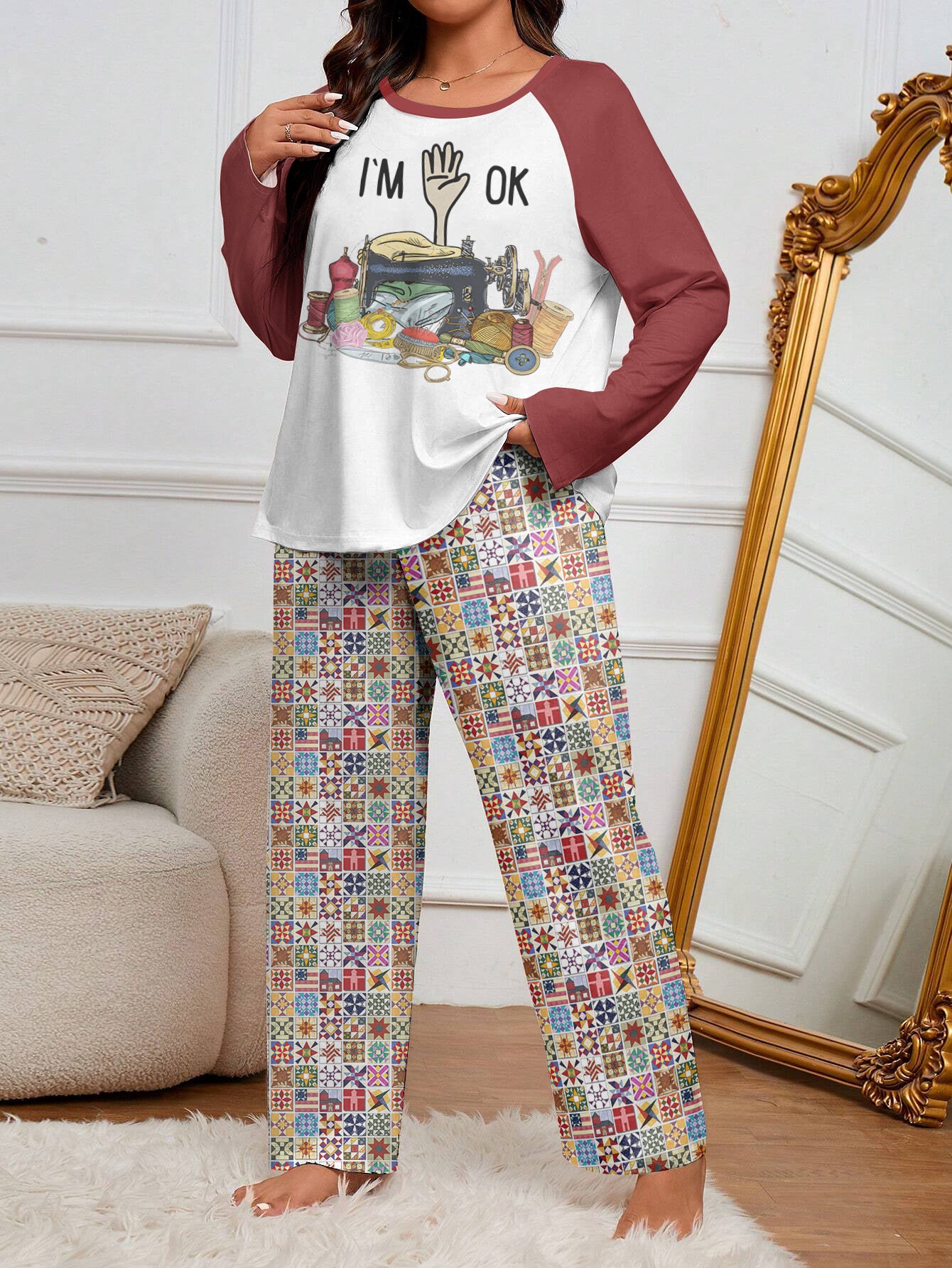 Sewing Lover Raglan Lounge Pajamas I'm OK Quilt Blocks