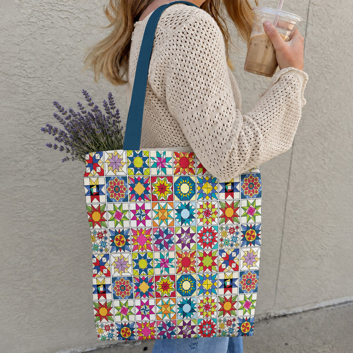 Sewing Lover Canvas Tote Bag Colorful Star Quilt Blocks