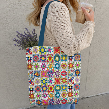 Sewing Lover Canvas Tote Bag Colorful Star Quilt Blocks