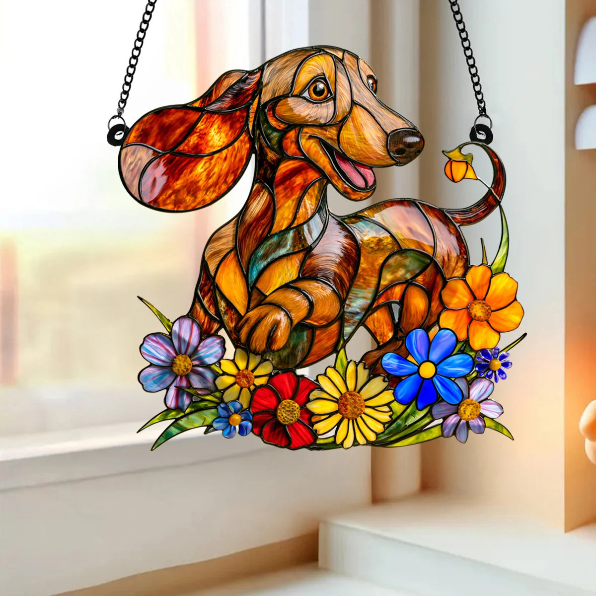 Dachshund in Bloom 3D Glass Suncatcher