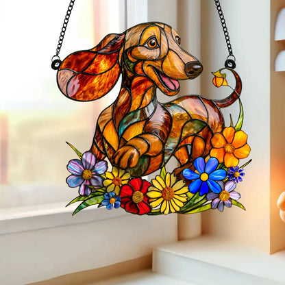 Dachshund in Bloom 3D Glass Suncatcher