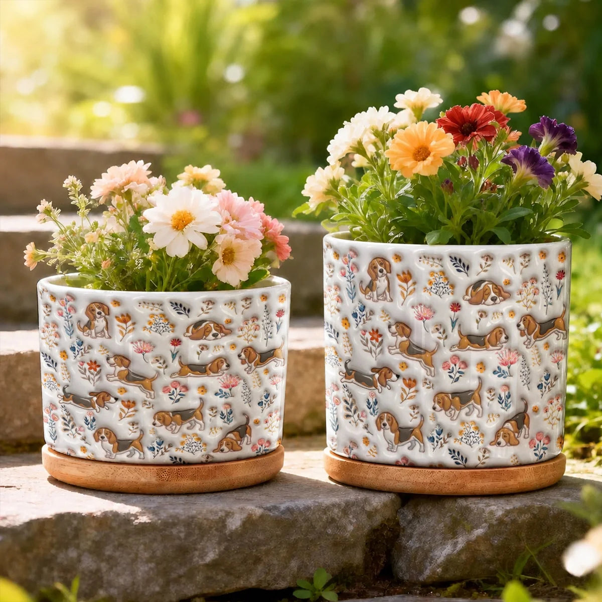 Beagle Flat Print Ceramic Plant Pot Happy Field Flowers