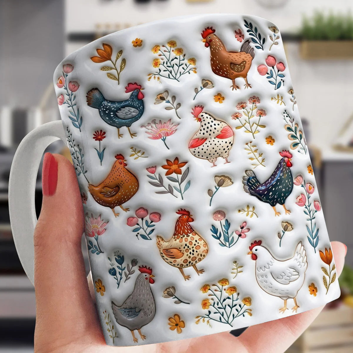 Chicken Ceramic Mug Cute Floral Chickens