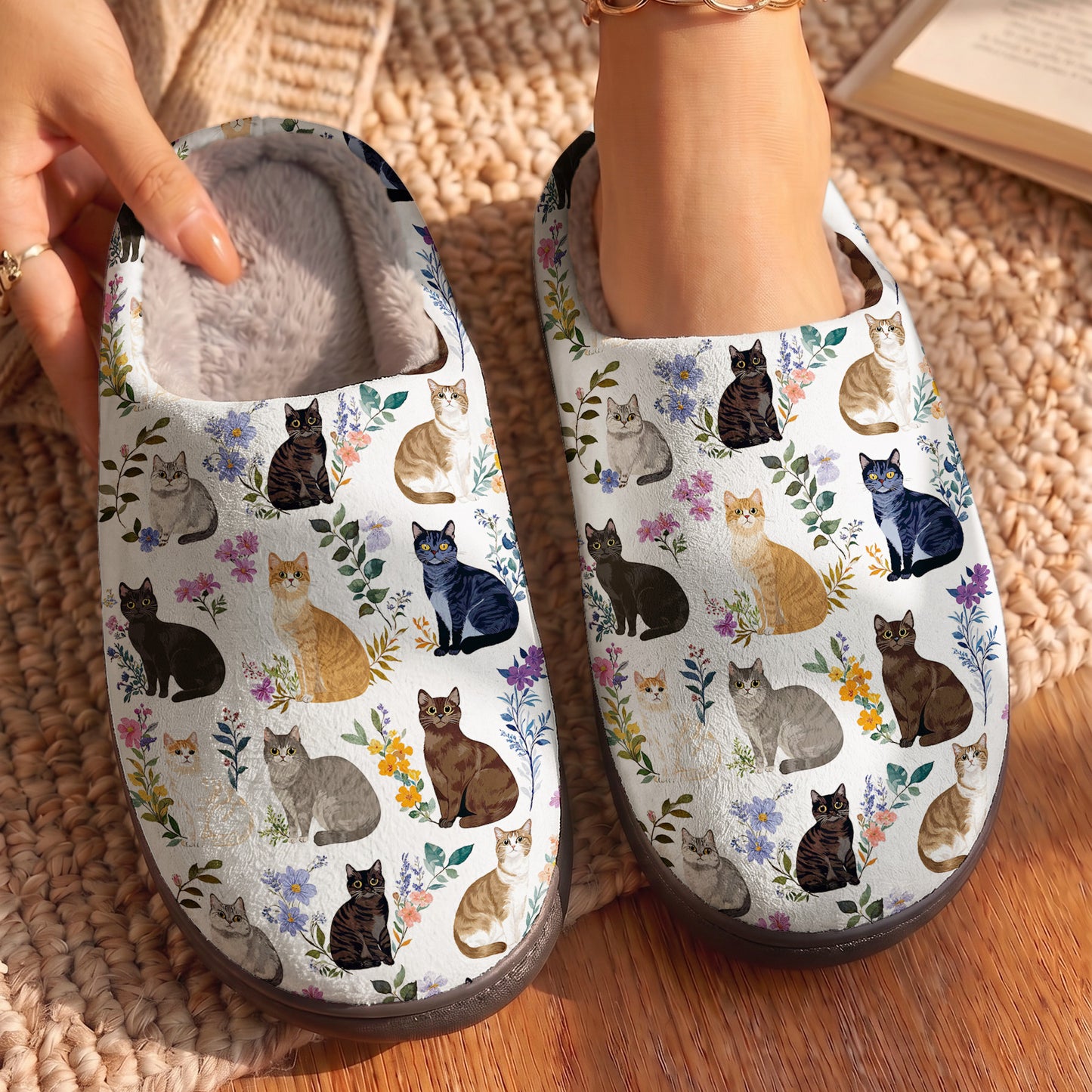 Cat Fleece Lined Slippers Charming Floral Cats