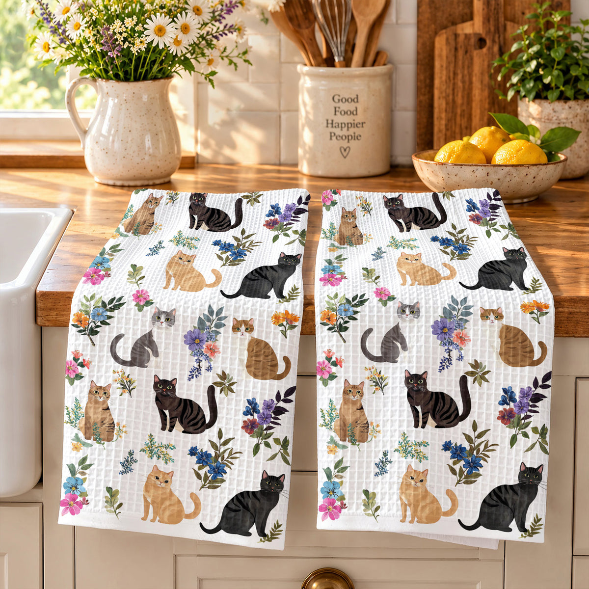 Cat Kitchen Towel Cute Floral Cats