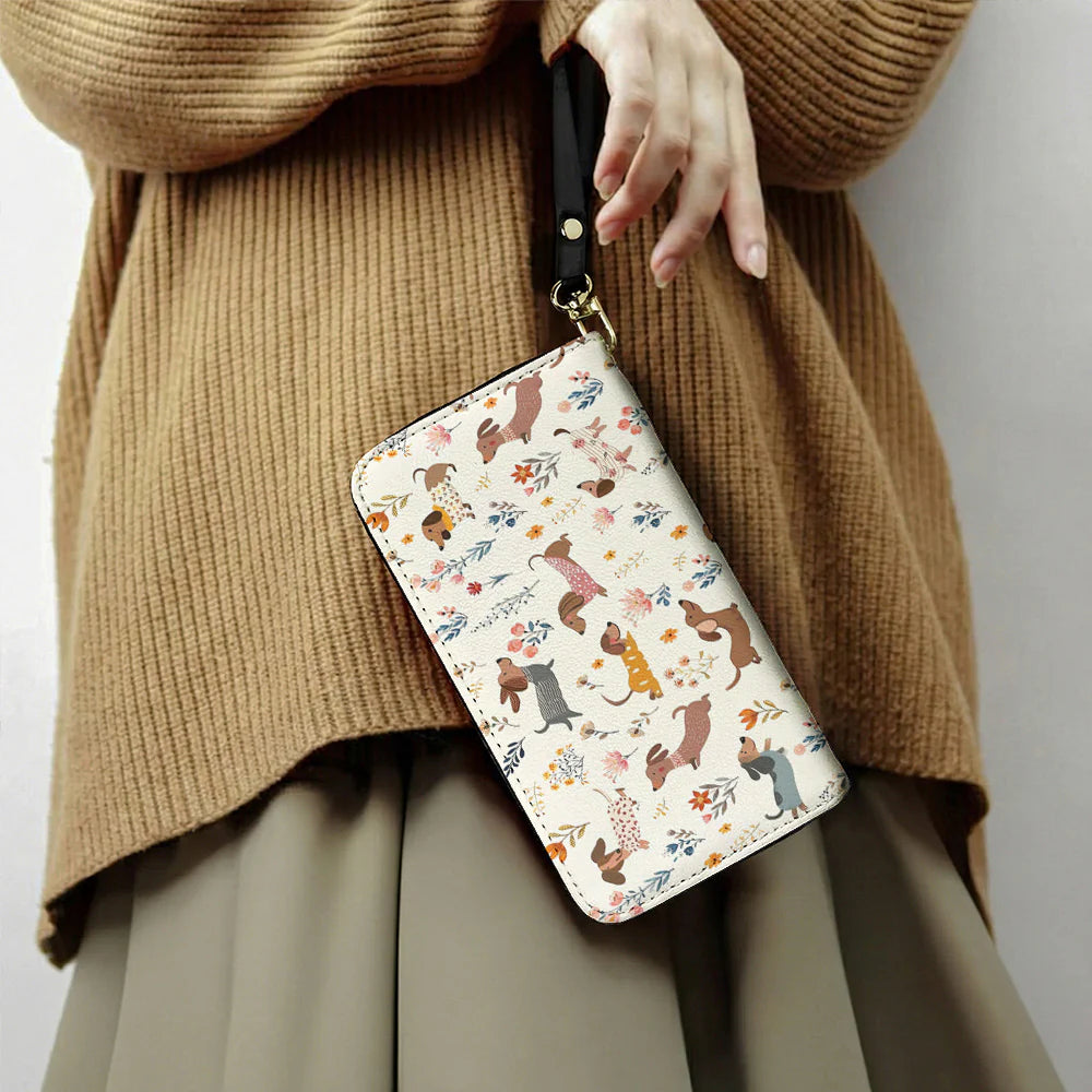 Dachshund Leather Wallet Happy Field Flowers