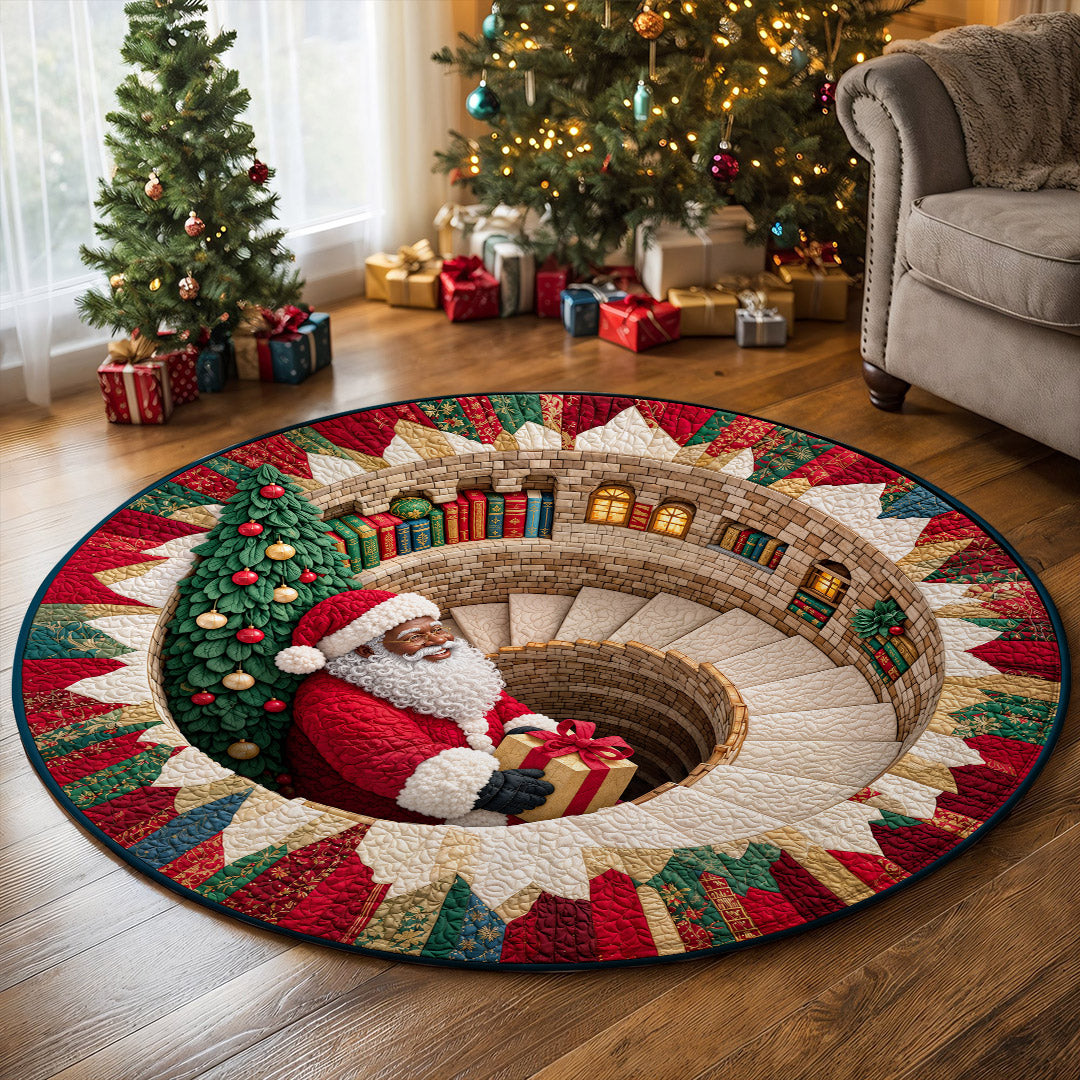 Christmas Round Rug - Black Santa’s Magical Staircase