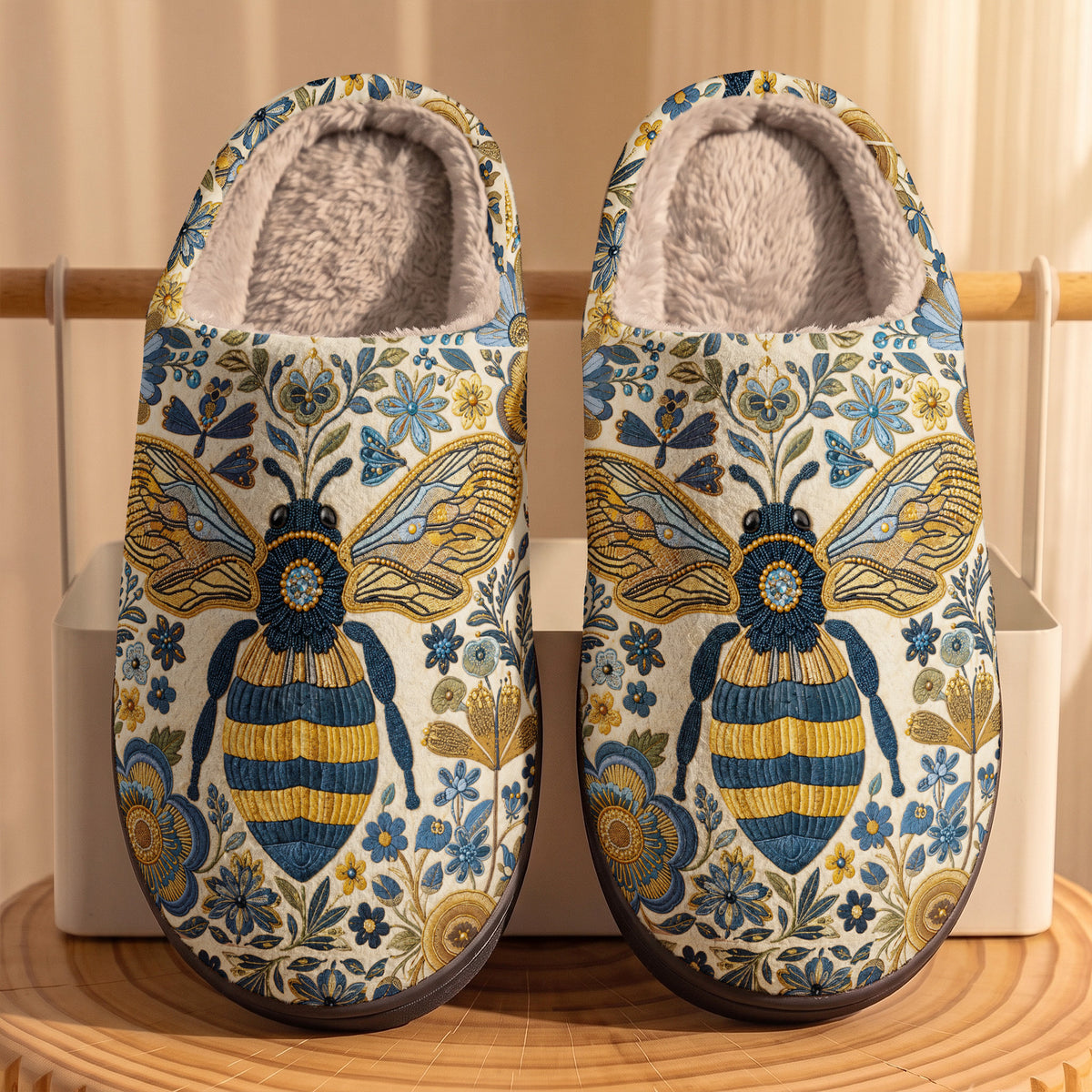 Bee Fleece Lined Slippers Golden Bee In Blue Blooms