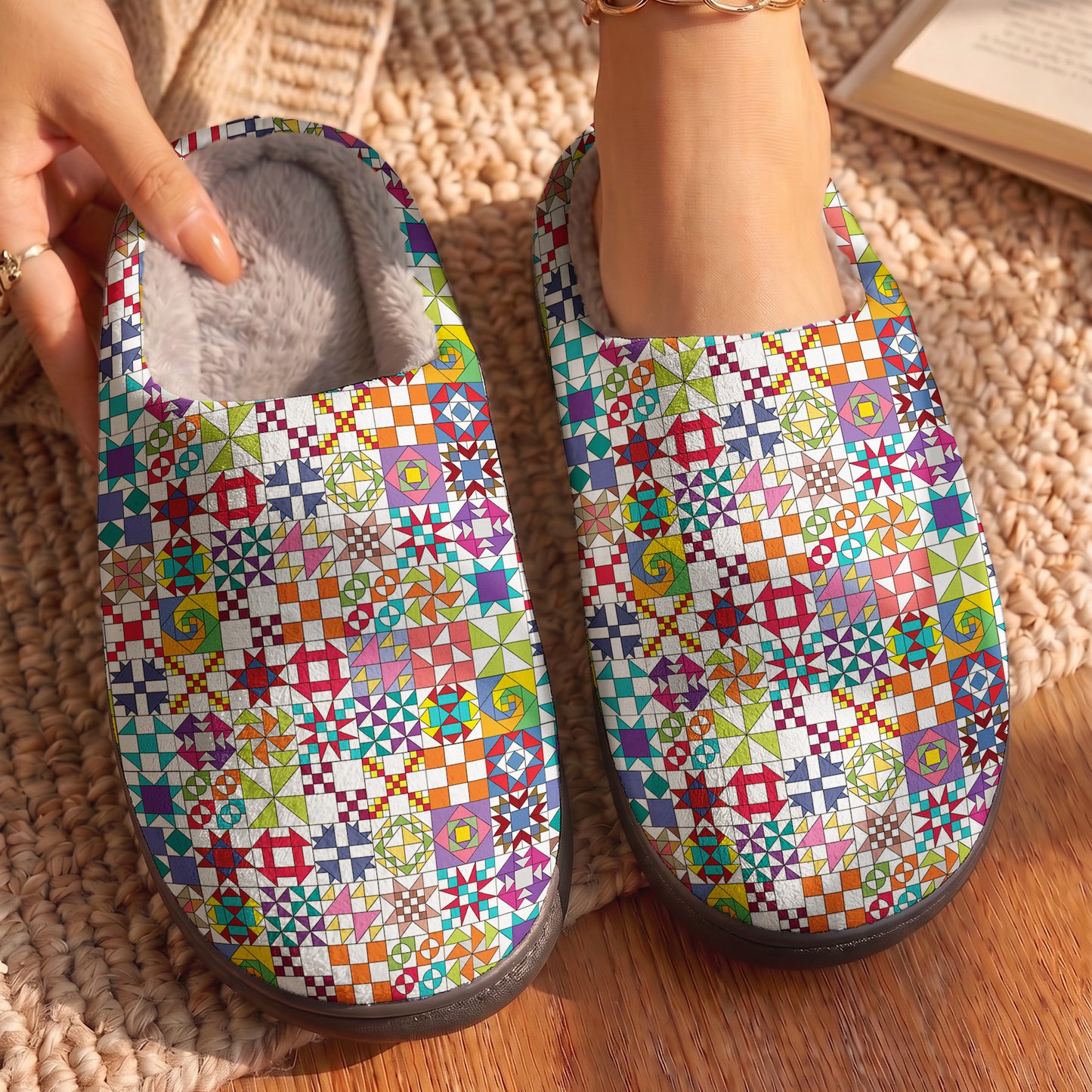 Sewing Lover Fleece Lined Slippers Colorful Quilt Blocks