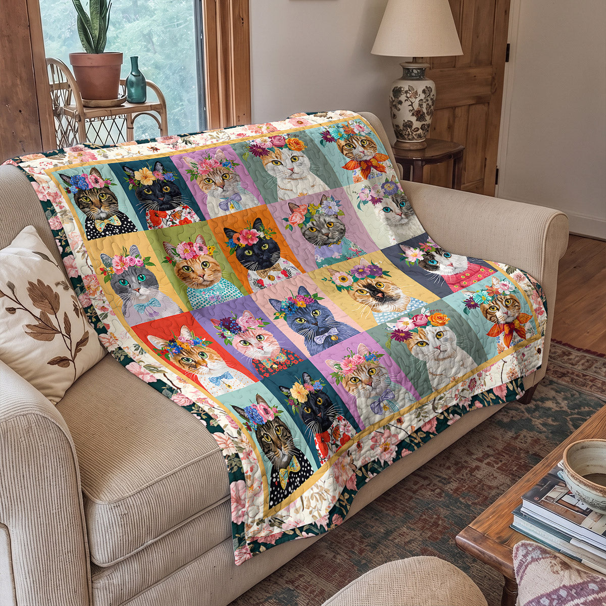 Cat Quilted Blanket Floral Cat Fantasy