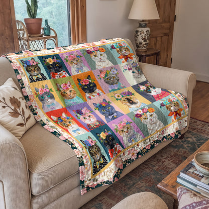 Cat Quilted Blanket Floral Cat Fantasy