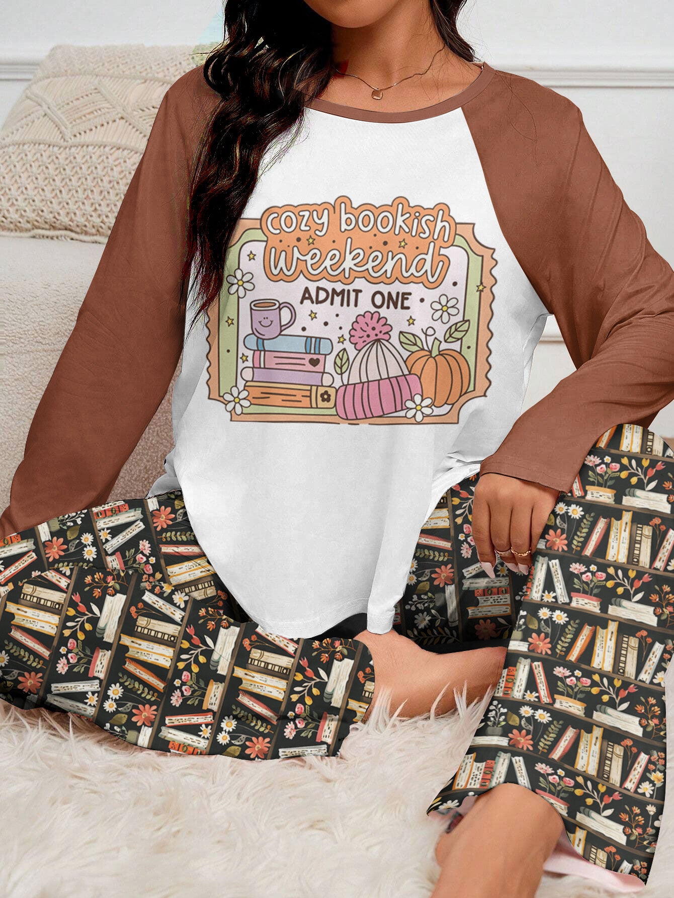 Book Lover Raglan Lounge Pajamas Cozy Bookish Weekend Floral Bookshelf