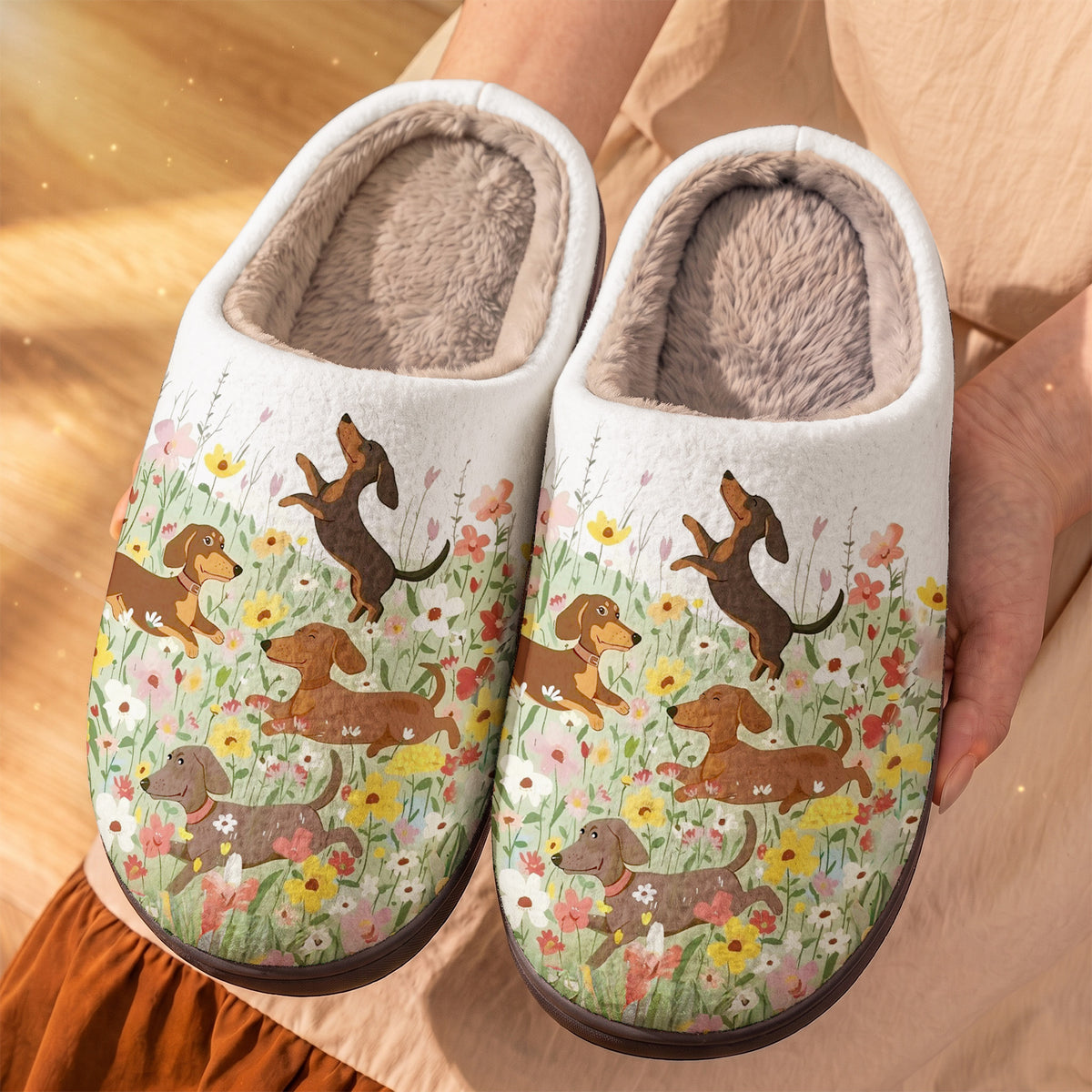 Dachshund Fleece Lined Slippers Happy Dachshunds in Flower Garden