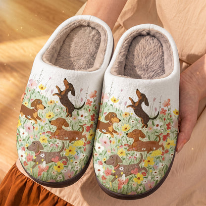 Dachshund Fleece Lined Slippers Happy Dachshunds in Flower Garden