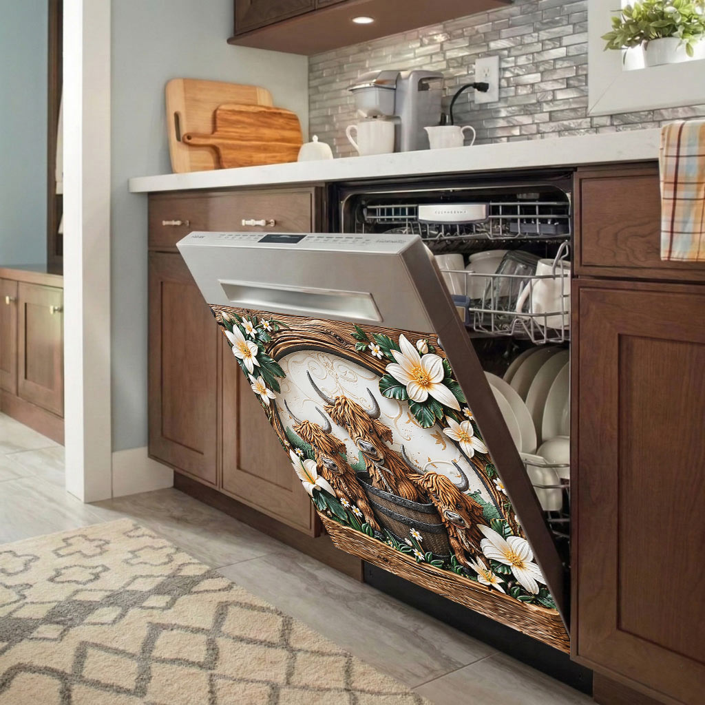 Highland Cow Magnetic Dishwasher Cover Highland Blooms & Barnwood