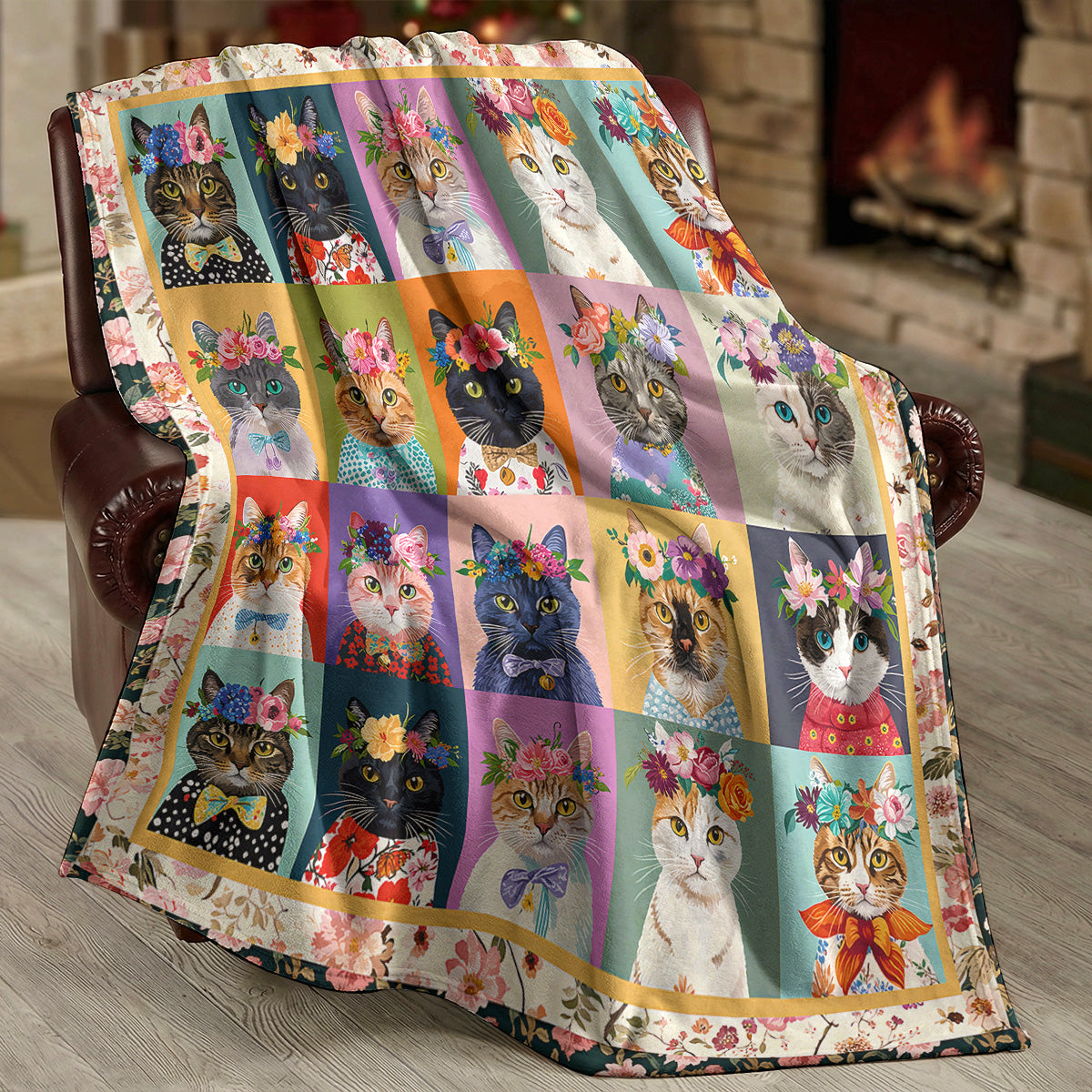 Cat Fleece Blanket Floral Cat Fantasy