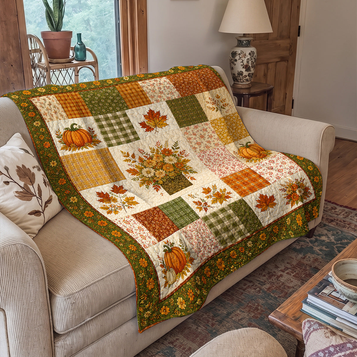 Autumn Harvest Bouquet Patchwork Quilted Blanket