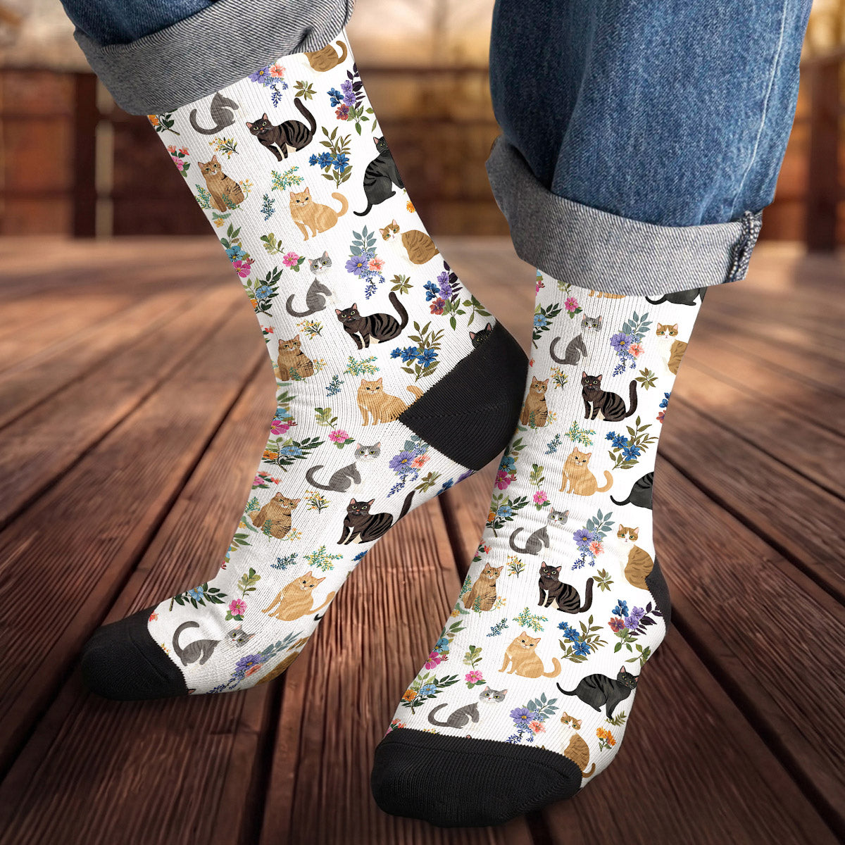 Cat Crew Socks Cute Floral Cats