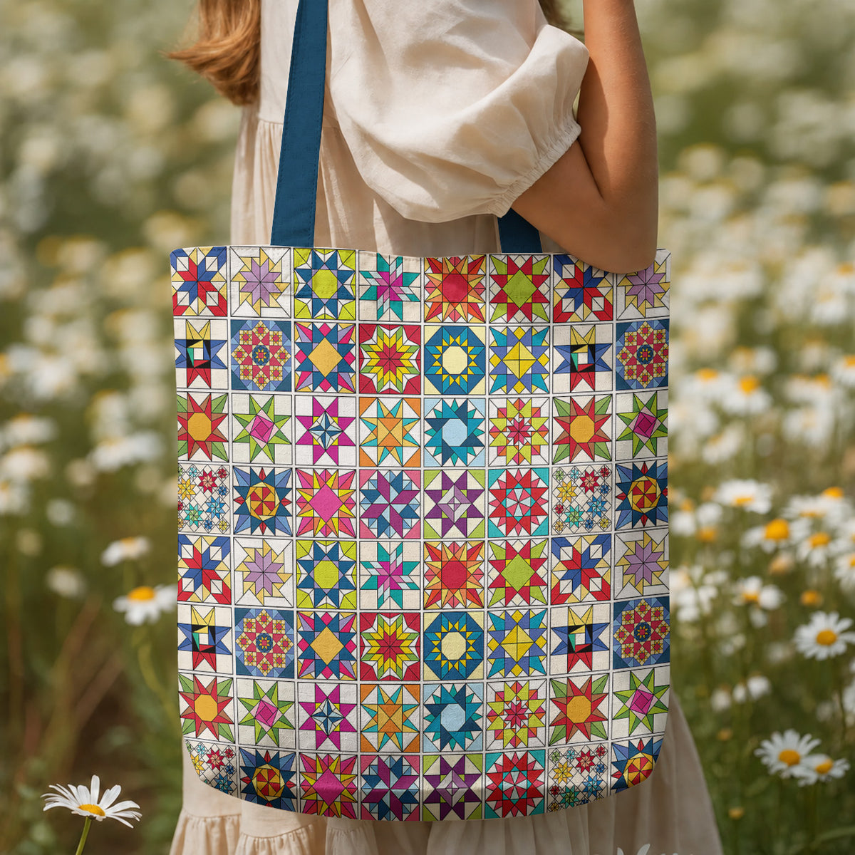 Sewing Lover Canvas Tote Bag Colorful Star Quilt Blocks