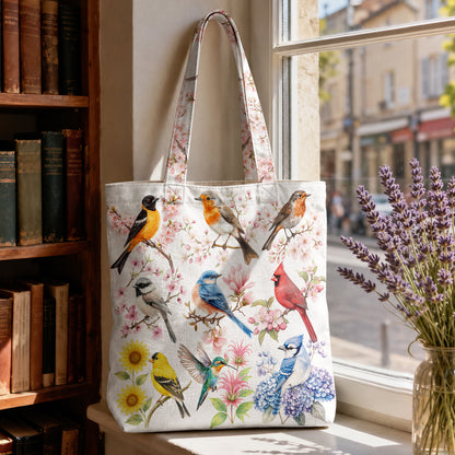 Birds Canvas Tote Bag Spring Birds Blossom Garden