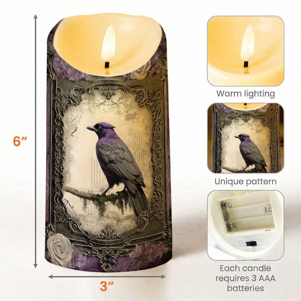 Gothic LED Candle Violet Raven