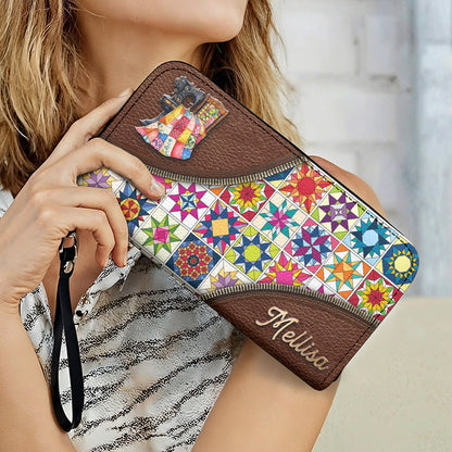 Sewing Lover Leather Wallet Personalized Colorful Quilt Blocks