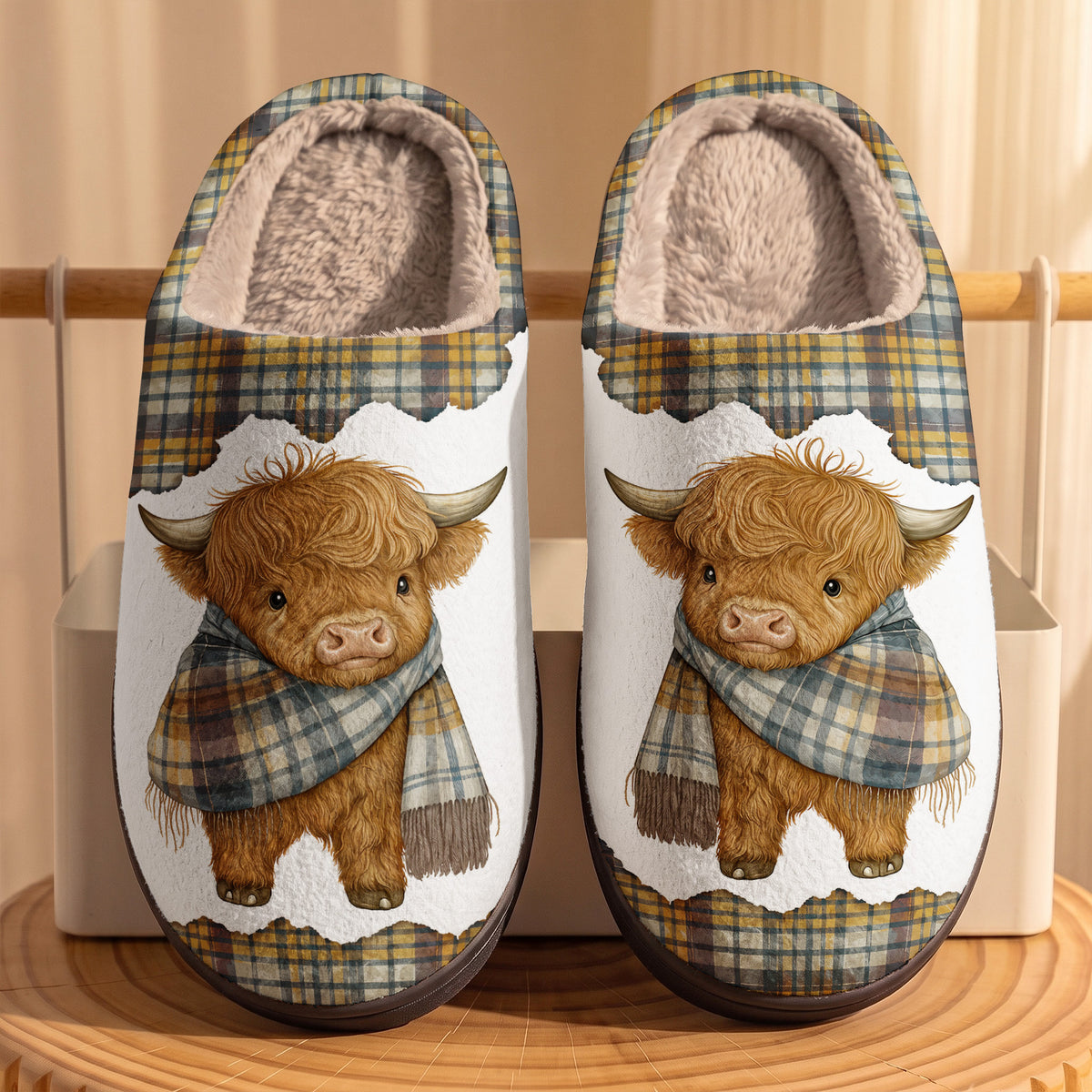 Highland Cow in Rustic Tartan Fleece Lined Slippers