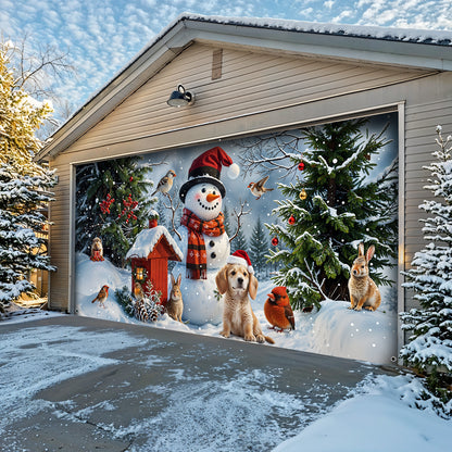 Christmas Garage Door Banner Decoration - Happy Snowman’s Woodland Companions